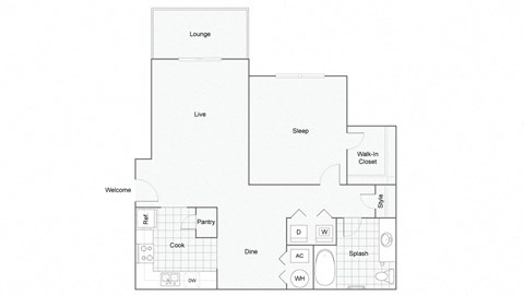 Floor plan for 1 bed, 1 bath, 828 sqft